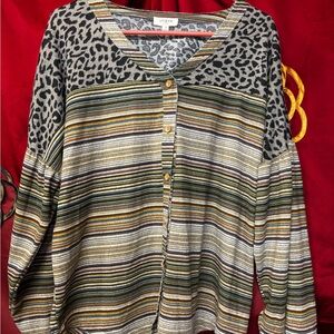 Umgee Gray Leopard and Striped Button-Up Top